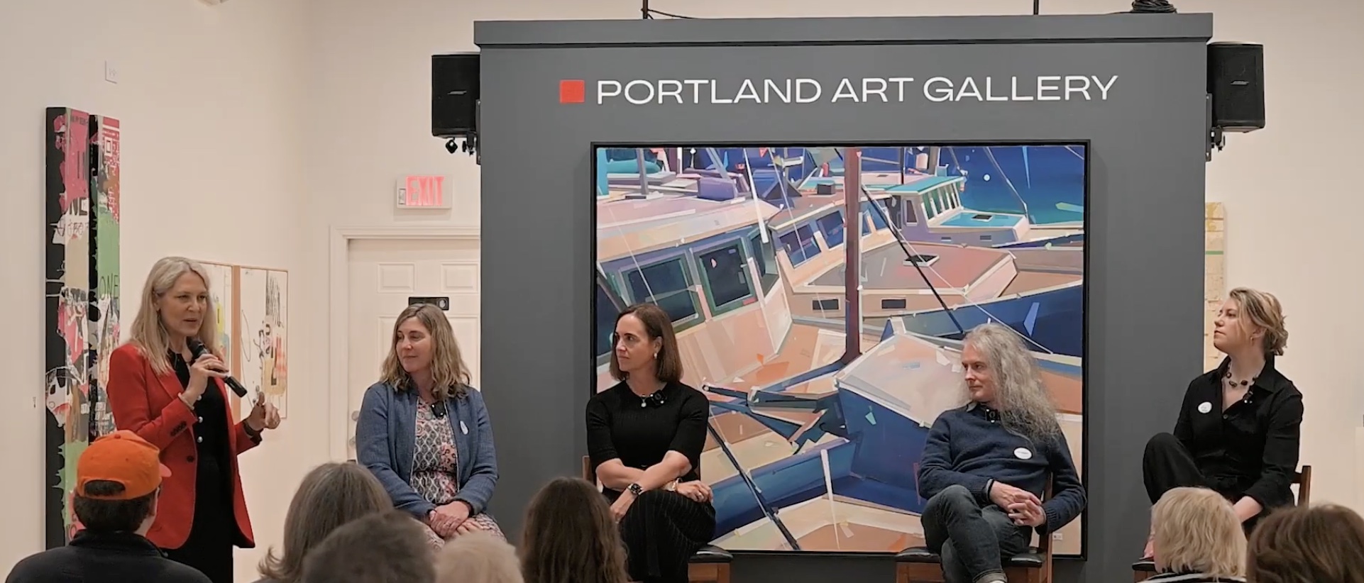 Dr. Lisa Belisle opens the Spring 2026 Emergence and Light panel at the Portland Art Gallery, with Heather Shields, Dr. Emily Isaacson, Christopher O'Connor, and Dr. Deirdre Heersink