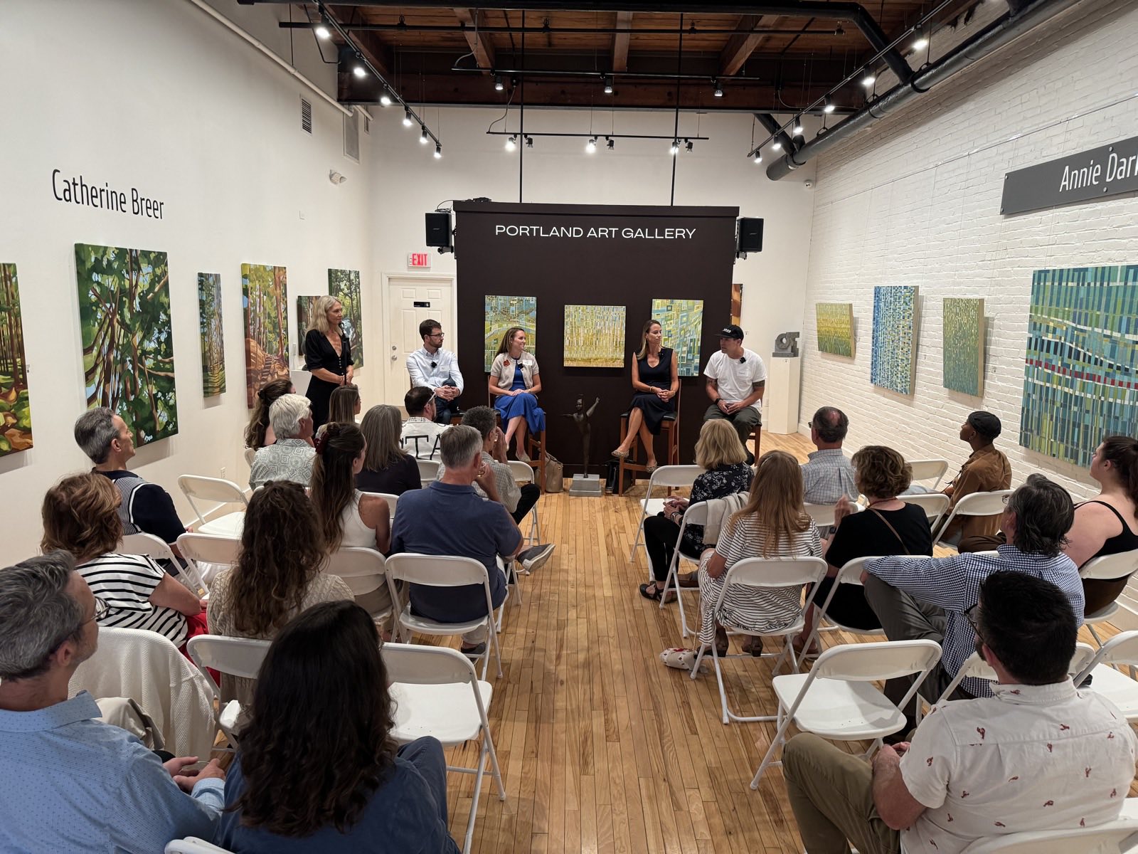 Dr. Lisa Belisle opens the Summer 2026 Radio Maine Live panel at the Portland Art Gallery, with Philip Hussey, Ginny Hussey, Quincy Hentzel, and Tobias Parkhurst.